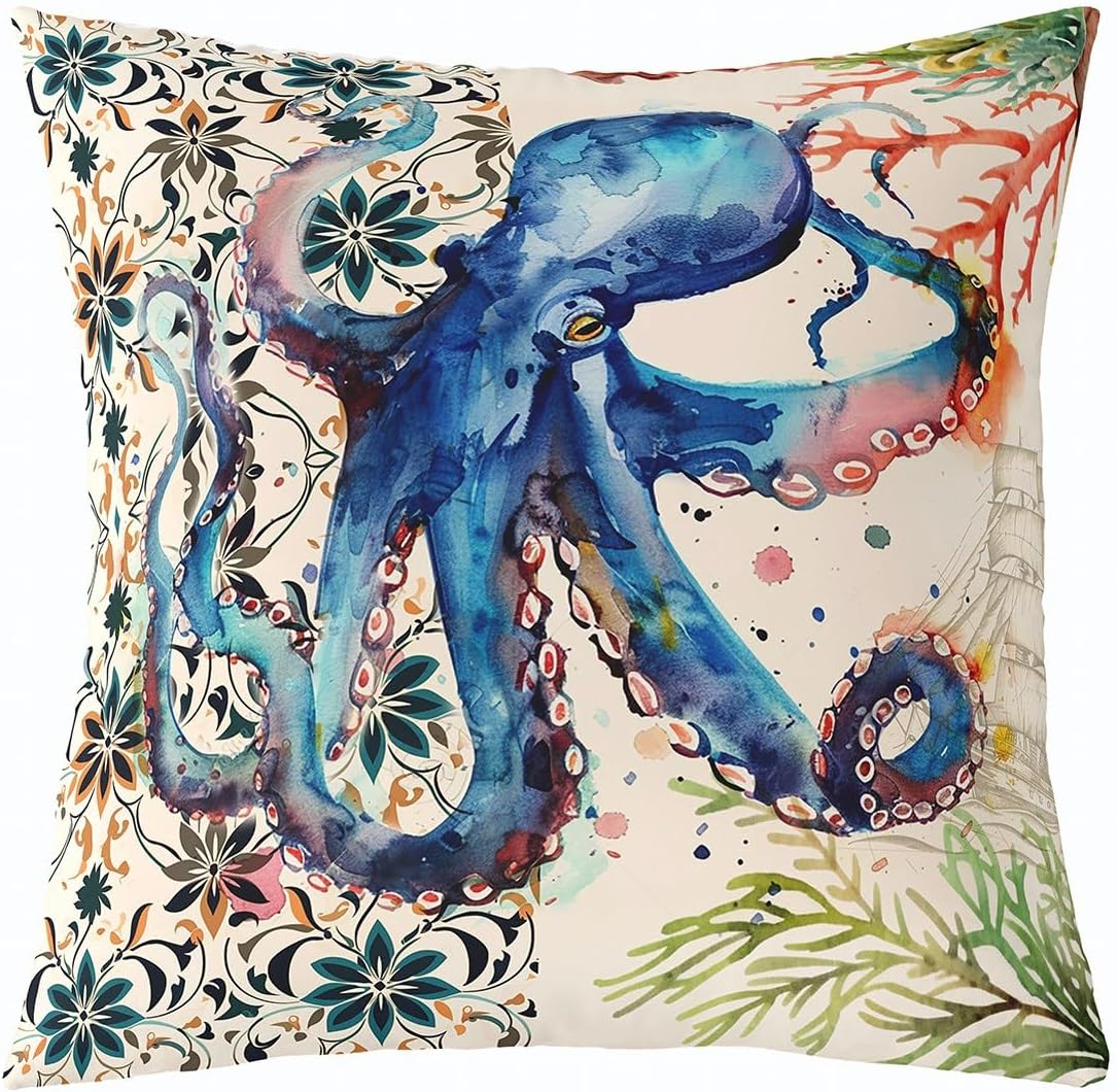 Pack of 4 Ocean Decorative Throw Pillow Covers, Soft Seahorse Square Sea Turtle Cushion Case Set for Couch Sofa Bedroom Living Room, Octopus Starfish Beach Pillow Cases Pillowcases, 20x20 Inches