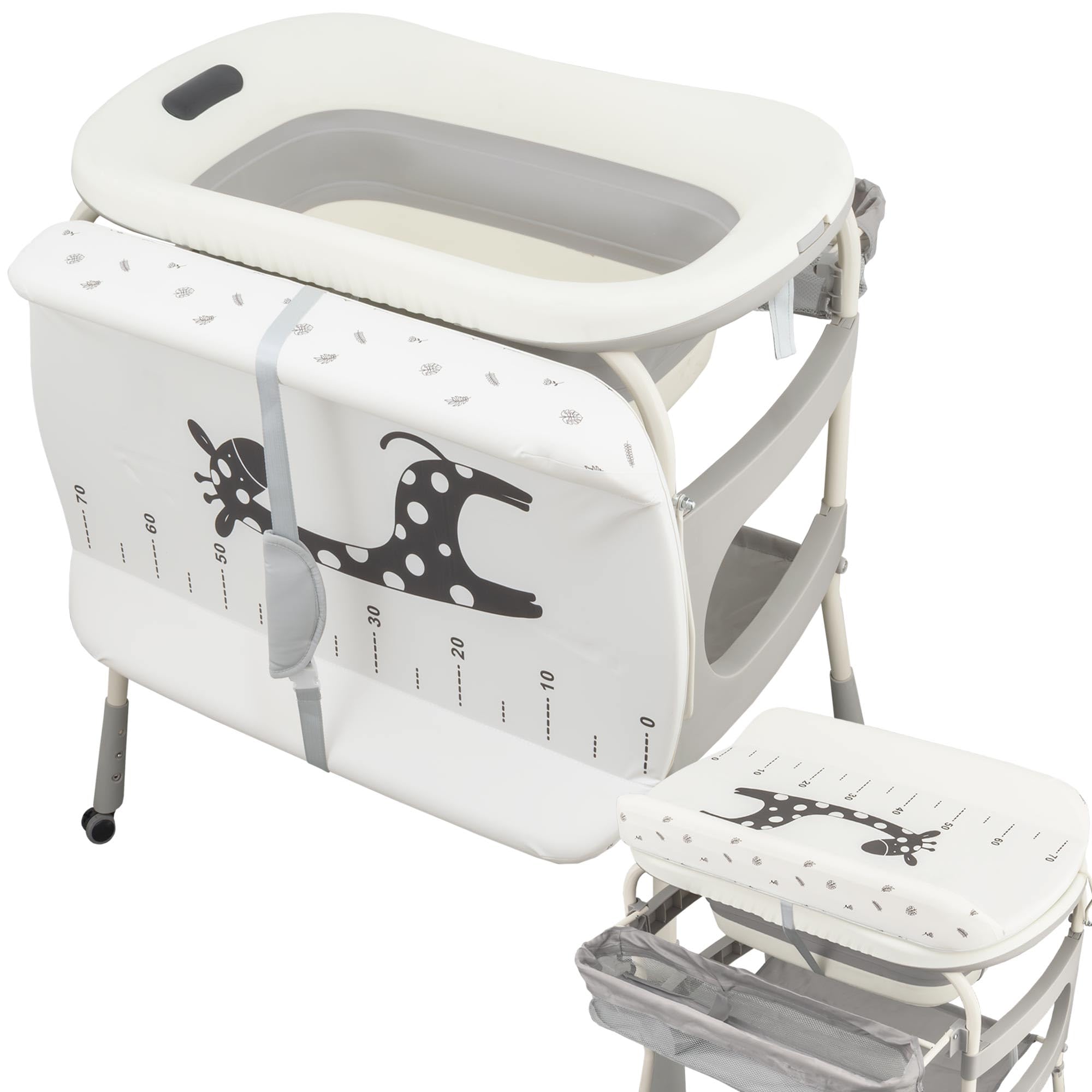 Wickelauflage mit Babywanne faltbar mit Rollen und Organizer | 2-in-1: Wickeltisch und Badewanne, Ablaufschlauch, wasserdichte Matratze, Rollen mit Bremse, geräumiger Stauraum