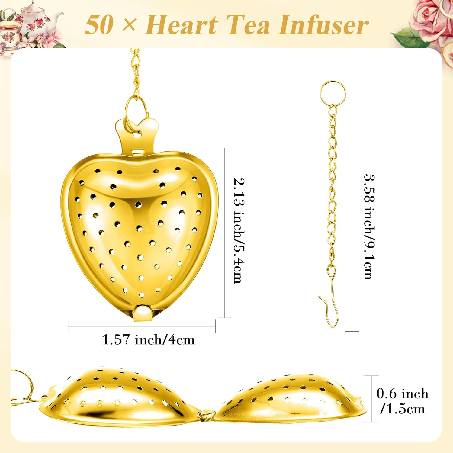 Qinyoung 50 Sets Bridal Shower Tea Party Favors for Guests Party Heart Infuser Spoon Steeper for Loose Tea with Thank You Cards Organza Bags Wedding Souvenir (Gold)