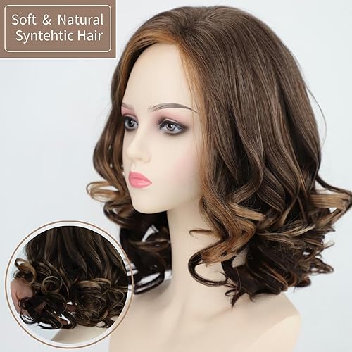 Miniatura 4 de RENERSHOW Pelucas onduladas cortas con reflejos marrones para mujeres blancas, peluca rizada con mezcla de rubio, peluca sintética de repuesto para