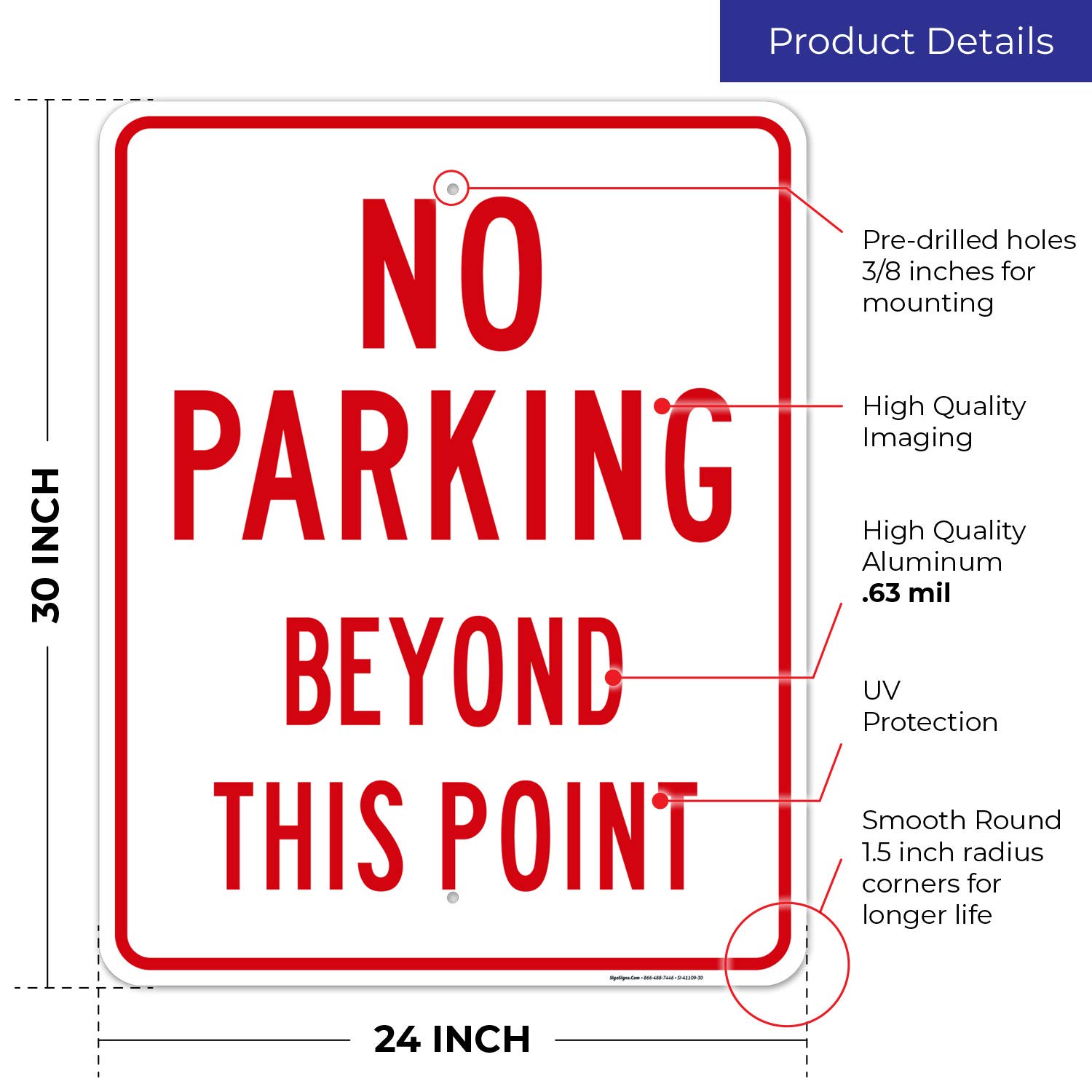 No Parking Beyond This Point Sign, 24x30 Inches, Rust Free .063 Aluminum, Fade Resistant, Indoor/Outdoor Use, Made in USA
