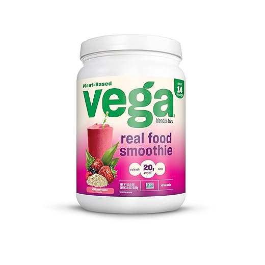 Vega Real Food Smoothie, Wildberry Bliss - Vegan Protein Powder, 20g Plant Based, No Blender Required, Gluten Free, Non GMO, Pea Protein for Women and Men, 1.30 lbs (Packaging May Vary)