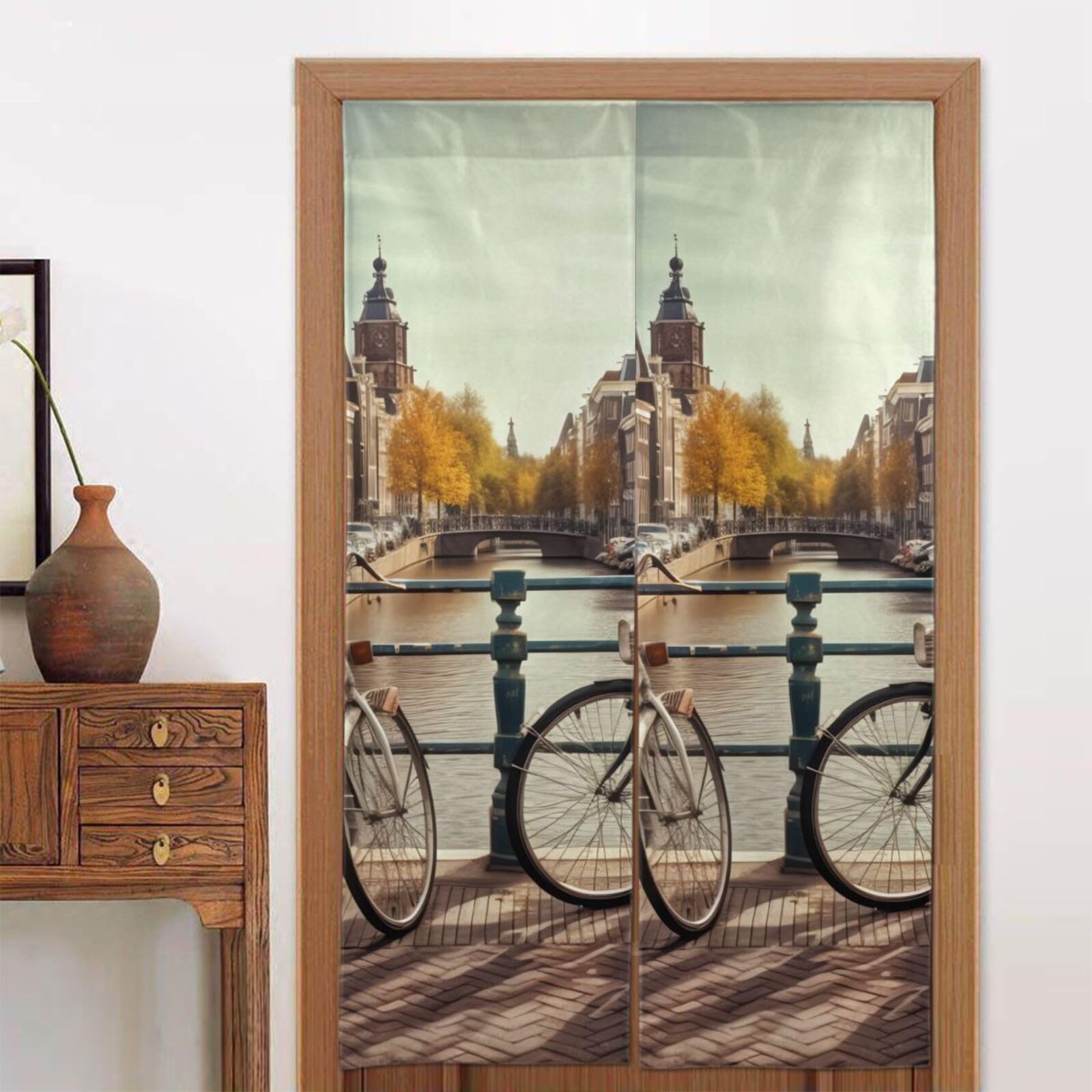 Rideaux de fenêtre style Noren japonais imprimé Vélos à Amsterdam pour cuisine et salon