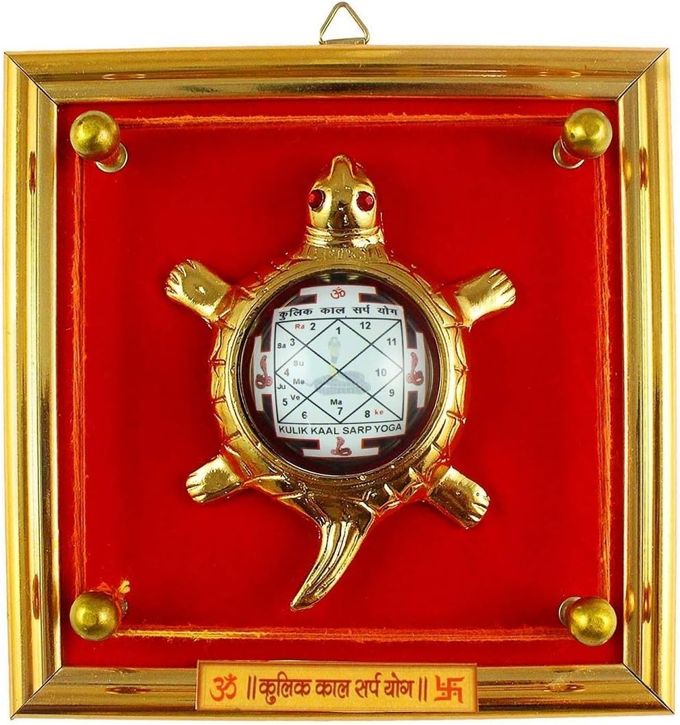 numeroastro Kulik Kaal Sarp YOG Yantra On Brass Turtle/Tortoise in Frame for Good Luck (Wall Hanging) (17 Cms) (1 Pc)