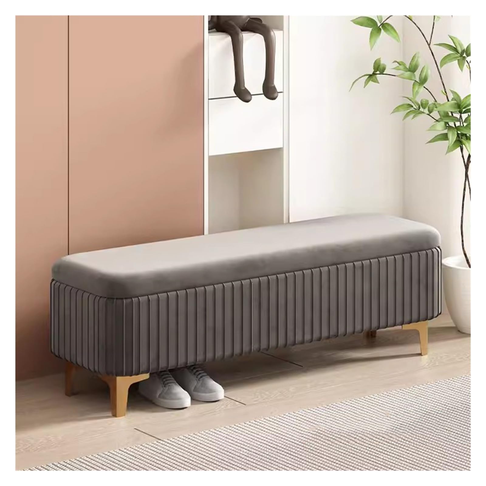 WDSOPK Velvet Ottoman Storage Bench Upholstered Bench with Gold Legs,Upholstered Footstool for Entryway Living Room Dining Room,Rectangle Storage Chest（Gray -1-100CM）