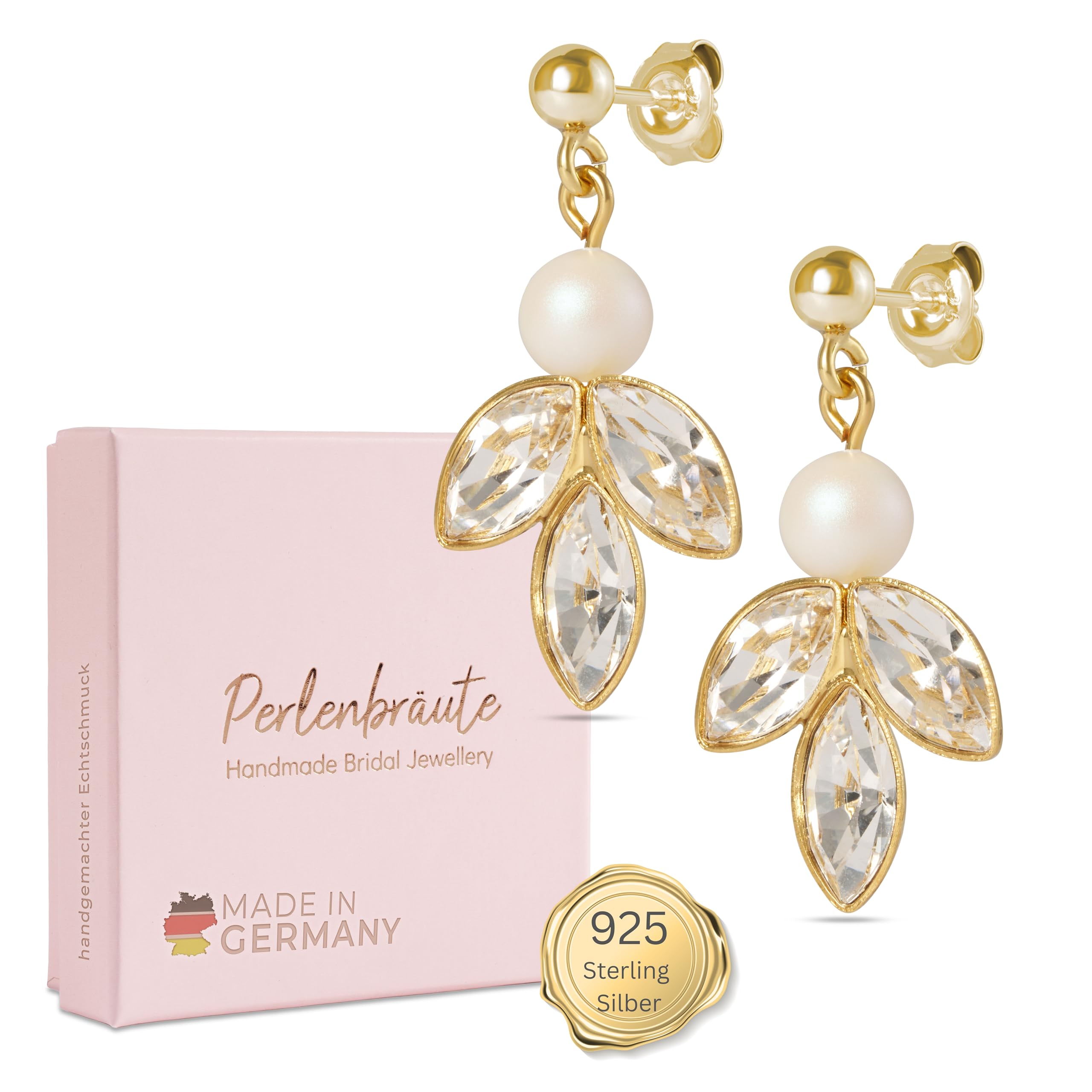 Schmuck Damen Zirkonia und Perlen Hochzeit – premium 925 Silber Schmuckset & Ohrringe Braut – hochwertiger Brautschmuck Perlen – Schmuckset gold Braut – Brautohrringe - Geschenk