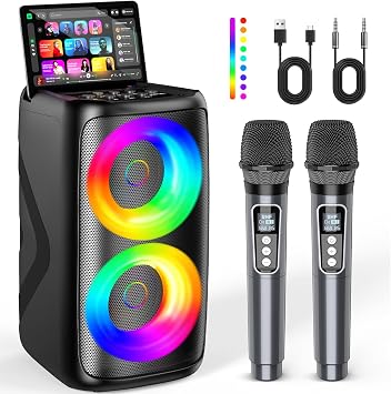 Karaoke Machine for Adults Portable Bluetooth Speaker with 2 Wireless Karaoke Microphones with LED Lights Birthday Gifts for Party Family Home System Packages Support TWS/TF/USB/AUX
