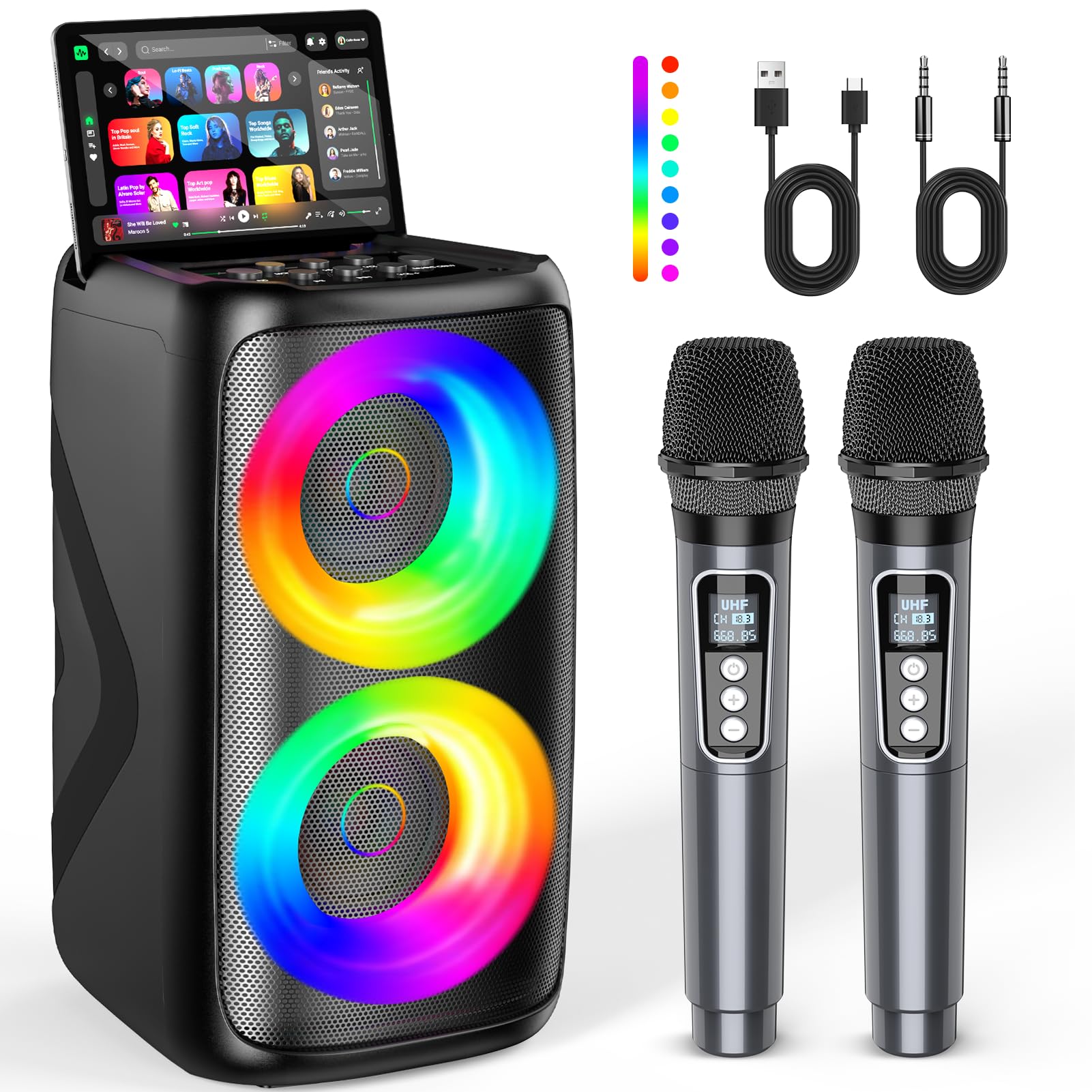 Macchina per karaoke per adulti: altoparlante Bluetooth portatile con 2 microfoni wireless per karaoke con luci a LED, regalo di compleanno per feste in famiglia, sistemi di casa, pacchetti supporto