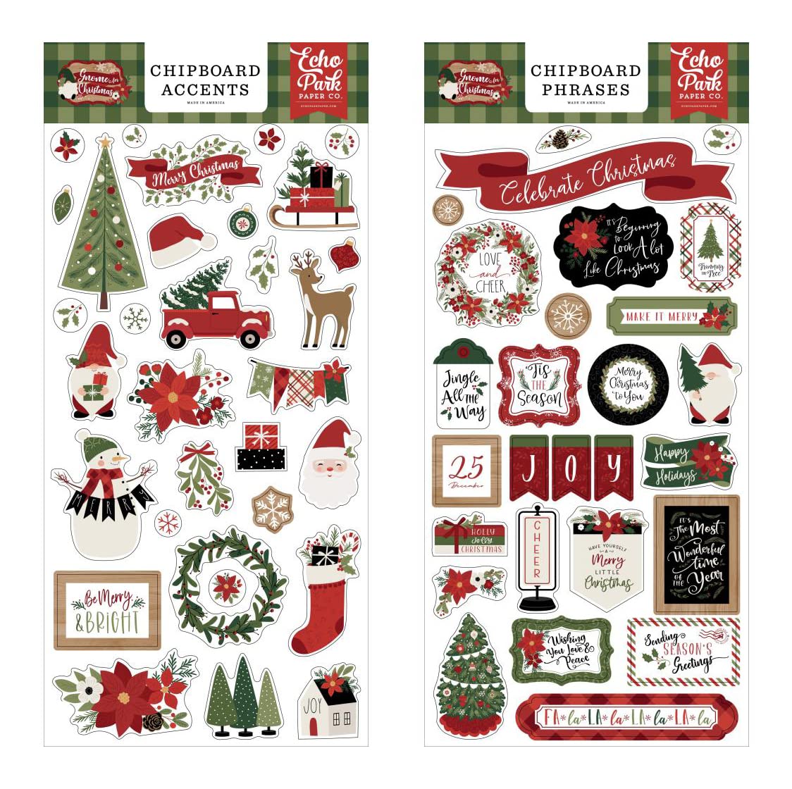 Echo Park Paper Collection Bundle: Gnome for Christmas 6” x 13” Sheet of Chipboard Accents + Gnome for Christmas 6” x 13” Sheet of Chipboard Phrases