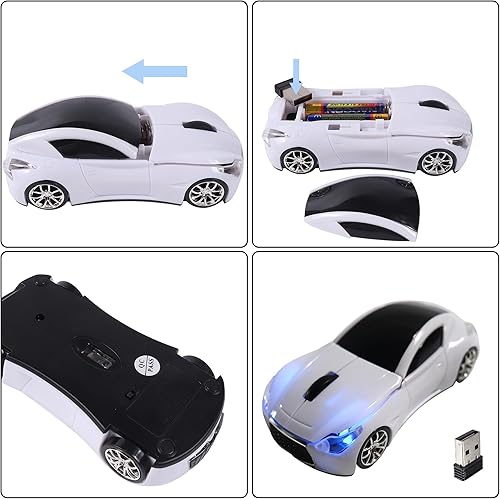 Miniatura 5 de elec Space Ratón inalámbrico, mouse inalámbrico en forma de automóvil con faros LED, mouse de automóvil único de 2.4 G para niños con receptor USB,