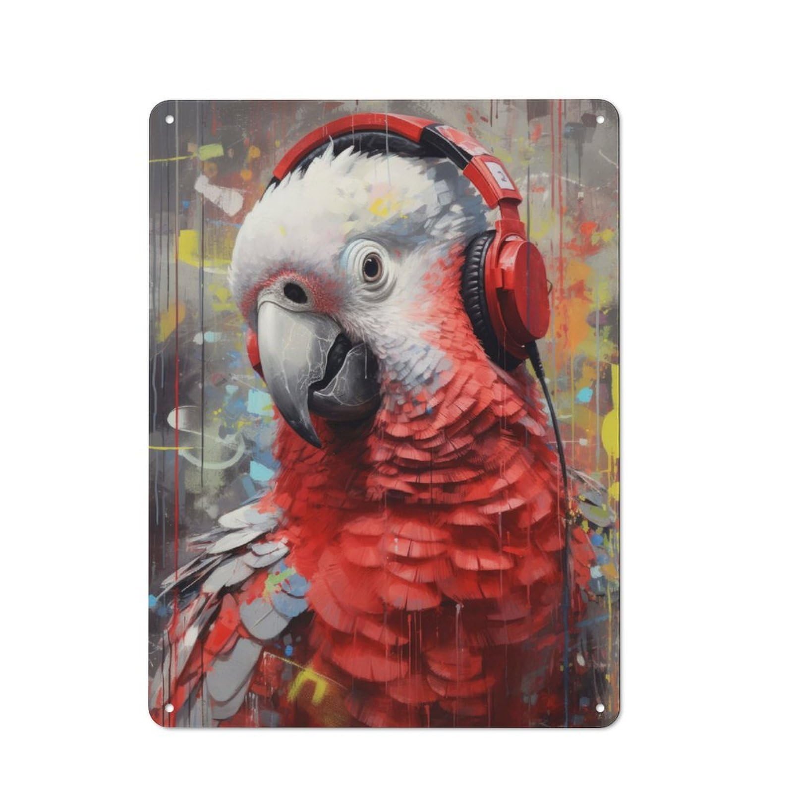 Junmoney Grey Parrot Headphones Printed Metal Sign 40X30cm For Café Or Restaurant, New-Space Wall Decor For Café Owners And Decorators