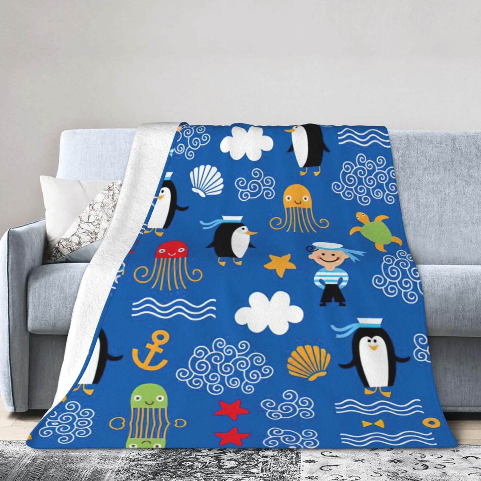Uusnwaa Soft Cosy Fleece Warm Throw Penguin Turtle Print Blanket