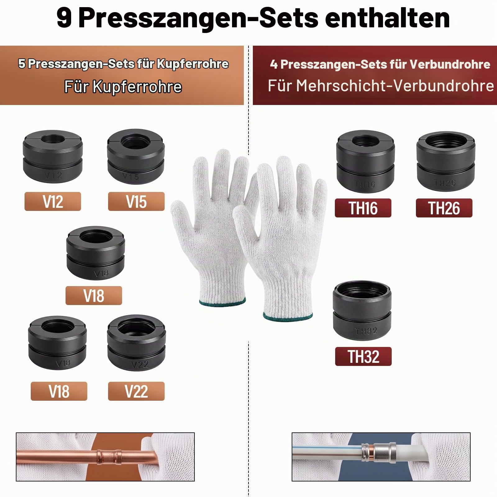 Akku Rohrpresszange 70kN Presswerkzeug Mit 9 Pressbacken