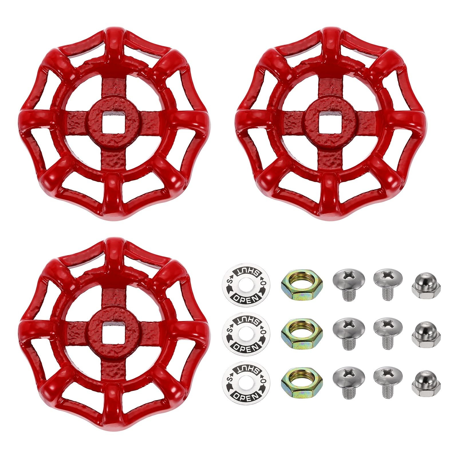 sourcing map 3Pcs Outdoor Faucet Water Spigot Handle, 7 x 7mm Round Wheel Square Stem Hole Cast Iron Hose Bib Outside Faucet Valve Handles Replacement for Garden Courtyard Bathroom, Red