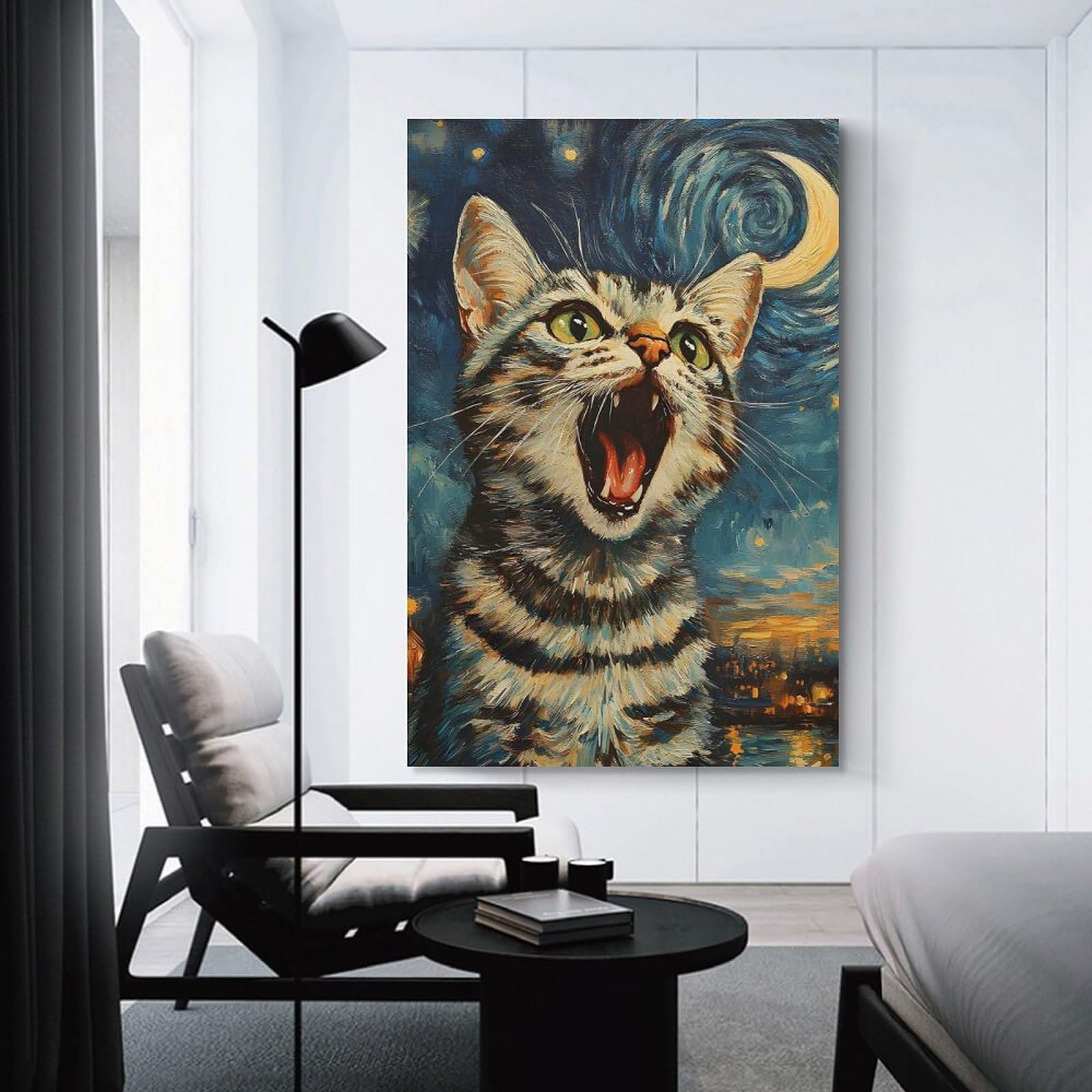 Junmoney Animal Cat Yawning in Starry Night Painting Van Gogh Japan Wall Picture Print 24x36inch(60x90cm), for Lounge Decor, Offices Or Entryway Styling, Versatile Wall Decor for Many Rooms