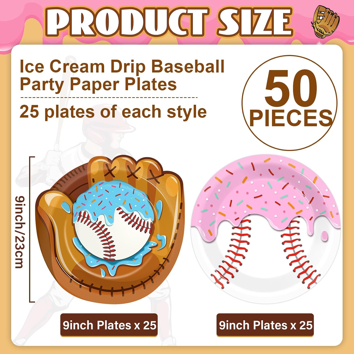 50Pcs Ice Cream Drip Baseball Paper Plates Sports Themed Birthday Party Decorations 9 Inch Baseball Ice Cream Theme Dinner Plates Disposable Tableware for Birthday Team Celebration Game Day Supplies