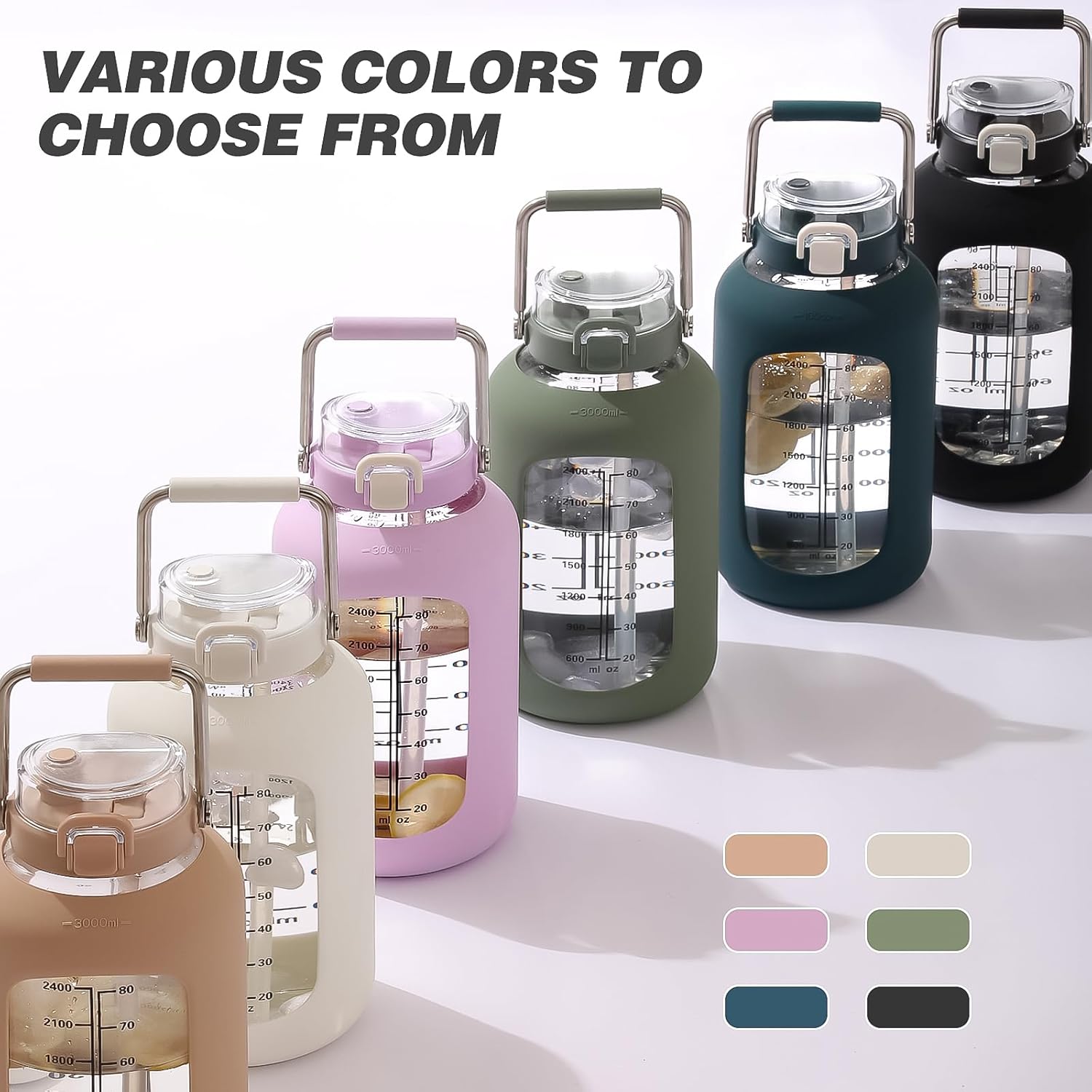 MUKOKO 84oz Glass Water Bottle with Time Marker and Silicone Sleeve 2.5L Water Jug with Stainless Steel Handle Gallon Drinking Bottle with 2-in-1 Lid Wide Mouth BPA Free, Dark Blue - Image 7