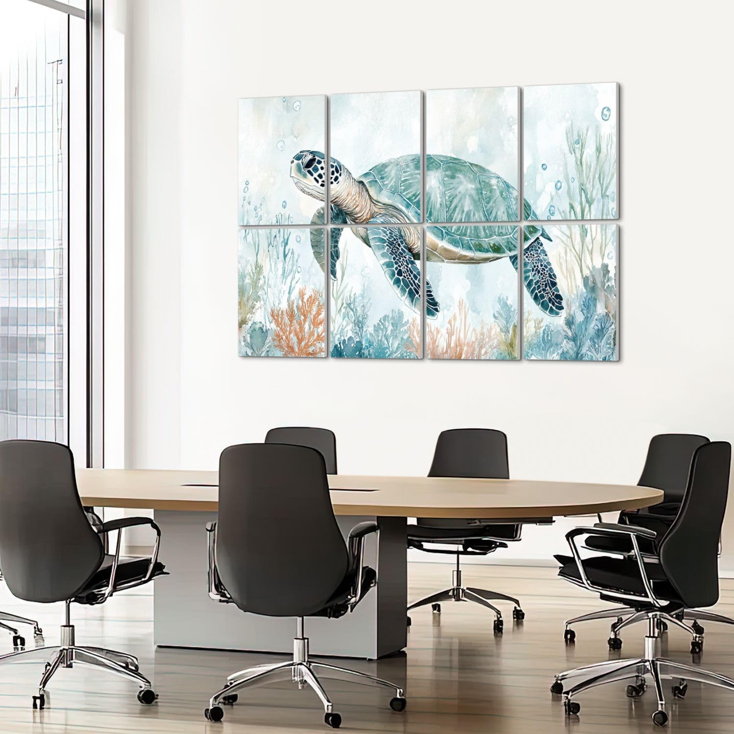 8 Pack Art Acoustic Panels Sound Absorbing Sea Turtle Teal Coral Seaweed Bubbles Ocean Watercolor Hand Nature Decorative Soundproof Wall Panels Self Adhesive for Recording Studios Office 48"x32"