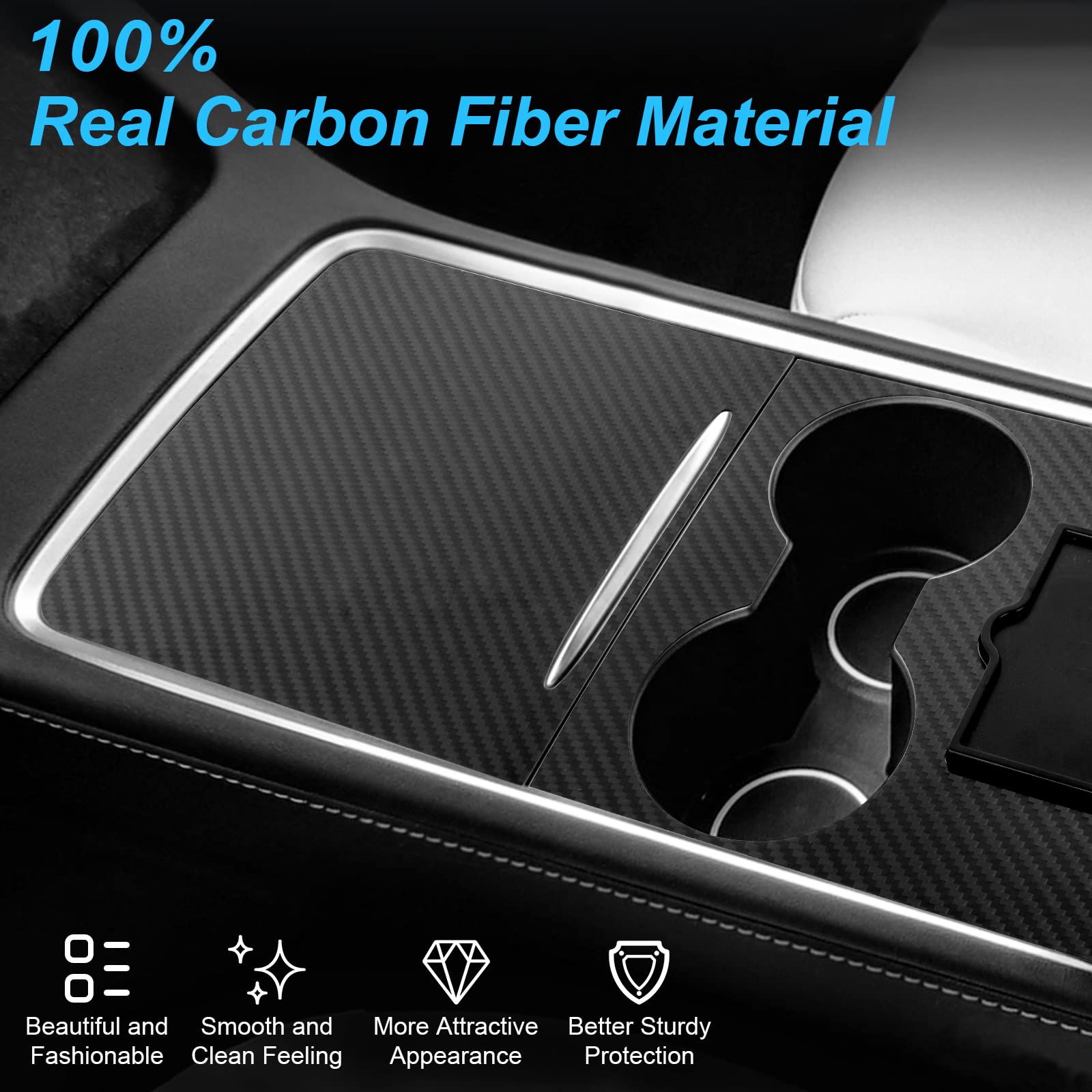 CARAVAN Center Console Wrap Cover Kit for Tesla Model 3 Model Y, Real Carbon Fiber Center Console Wrap Patch. Ultra Slim Center Console Protective Decoration Accessories. Real Glossy Carbon Fiber