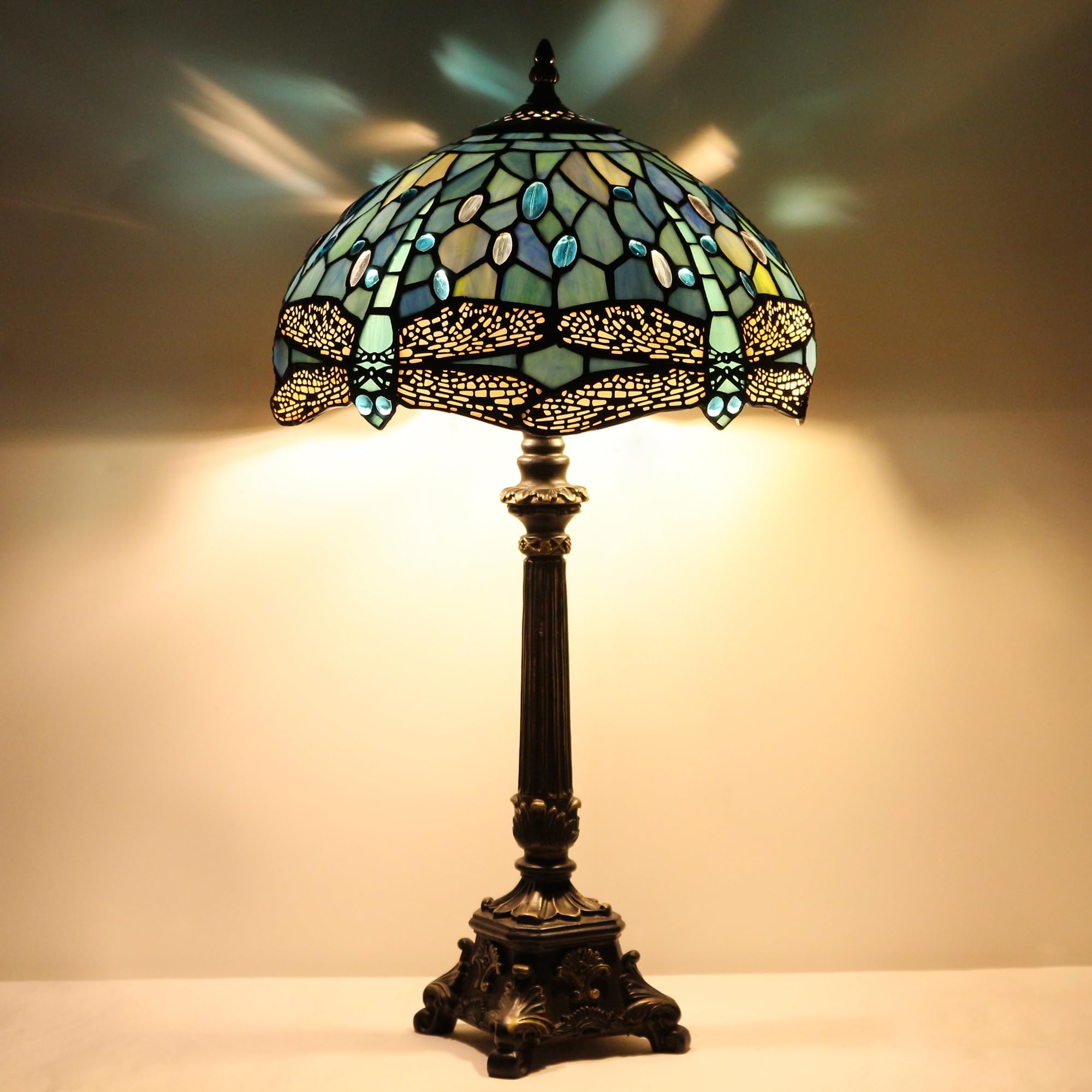 ZJART Tiffany Table Lamp Stained Glass 12X12X21 Inches Sea Blue Dragonfly
