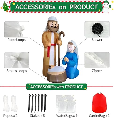 Miniatura 6 de DomKom Decoraciones inflables de Navidad de 7 pies para exteriores, Papá Noel con reno y caja de regalo, luces LED, decoración de patio inflable