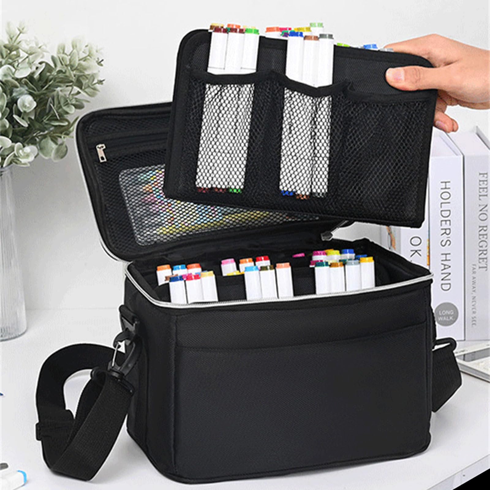Estuche de transporte multifuncional con 120 ranuras y correa para el hombro, de gran capacidad, para bolígrafos artísticos, bolsa de transporte de gran capacidad