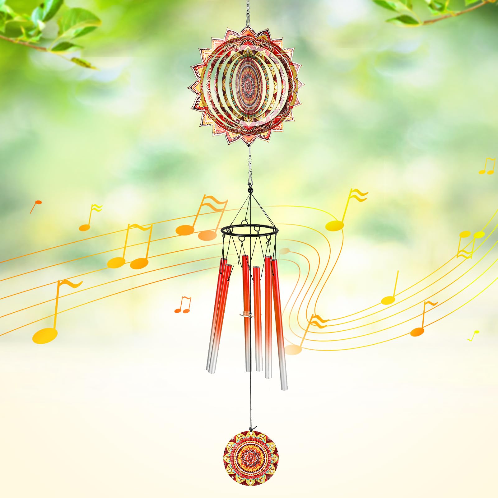 Wind Chimes for Outside - Stainless Steel Chimes with 3D Wind Spinner, Gifts for Women Men Best Friend Teacher, Hanging Decorations for Front Porch Garden Backyard, Orange