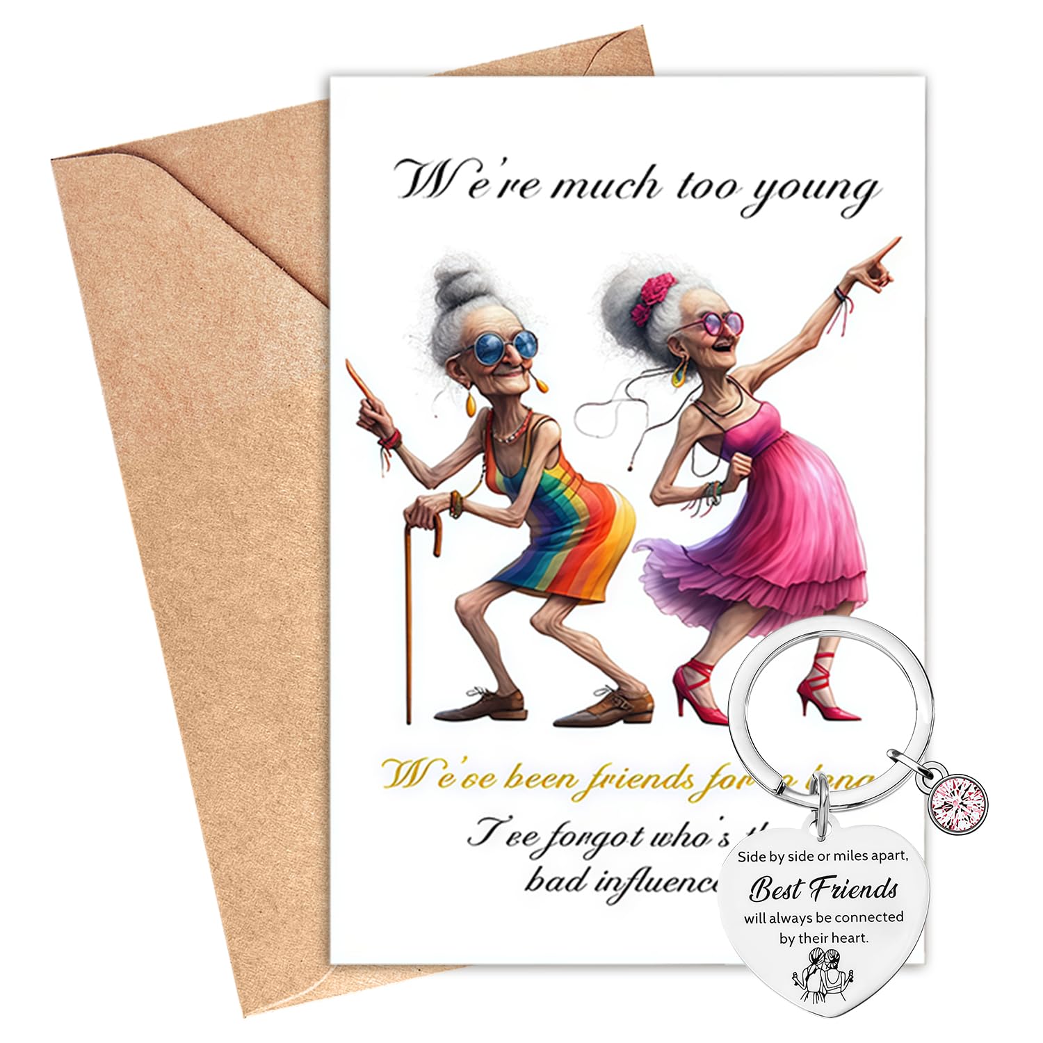 Friend Birthday Card Female, Funny Birthday Card Keyring Good Friends Greeting Card with Heart Shape Keychain Valentines Day Christmas Leaving Gifts for Her Women Bestie Friends Colleague(Set B)