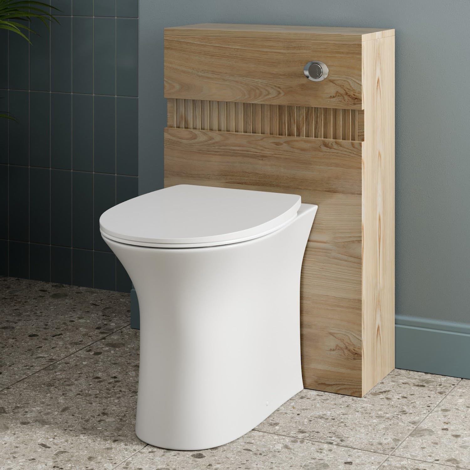 Baystone® Fluted 500mm Bathroom Back to Wall BTW Rimless Toilet WC Cloakroom Furniture Unit Pan Soft Close Seat, Dual Flush Freestanding Modern, Wood
