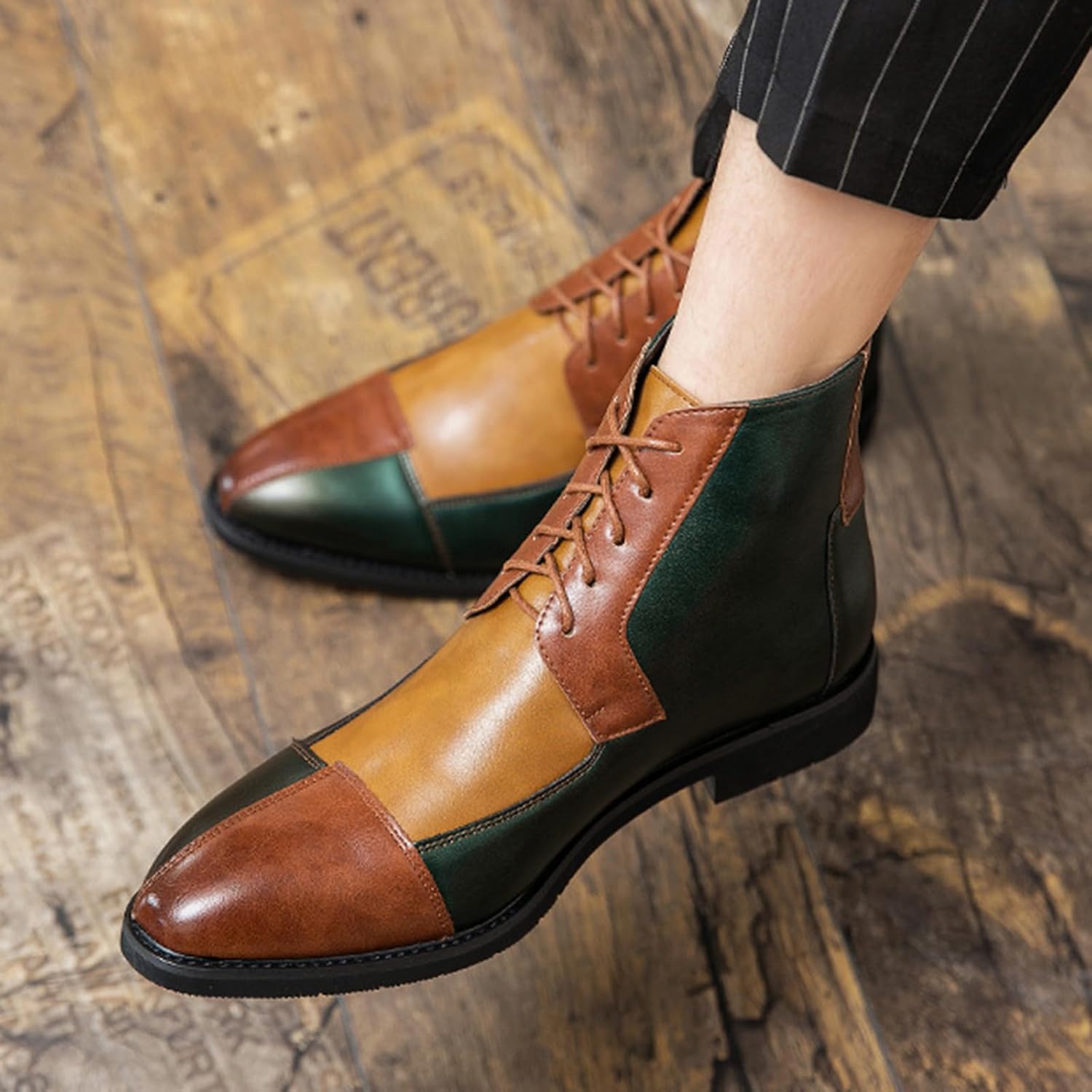 Men's Leather Color-Block High-Top Oxford Boots Fashion British Style Pointed Toe Lace Up Ankle Boots Casual Formal Business Wedding Dress Shoes