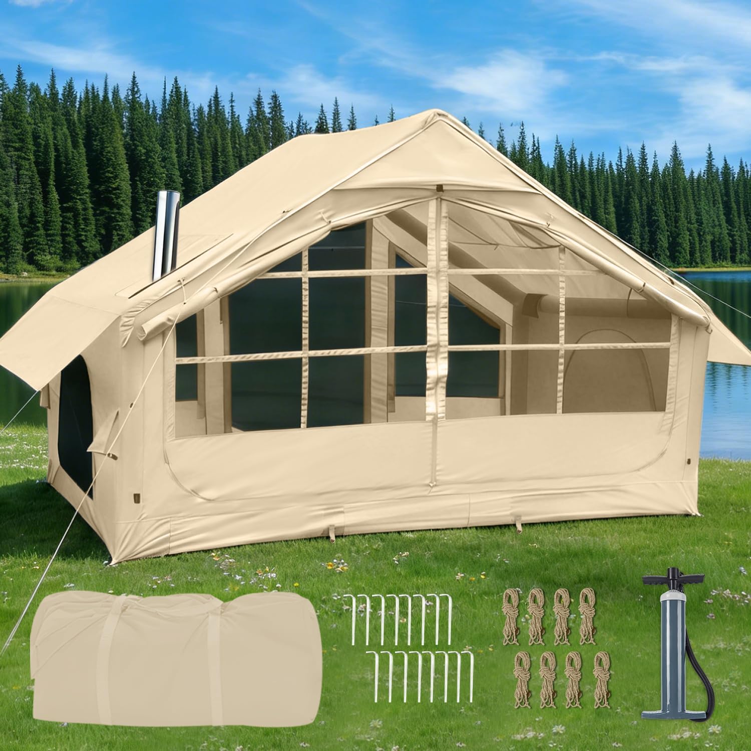 Inflatable Camping Tent with Stove Jack, 2-4 Person, Glamping Tents House, Easy Setup Tent for 4 Seasons, Waterproof Inflatable Hot Tent