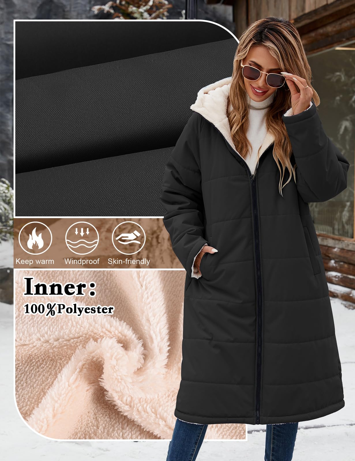 Tuopuda Manteau Femme Hiver Veste Polaire Chaud Parkas Blouson Zippée à Capuche Réversible Sherpa Casual Jacket Hooded Coat Sweat-Shirts Outercoat avec Poches