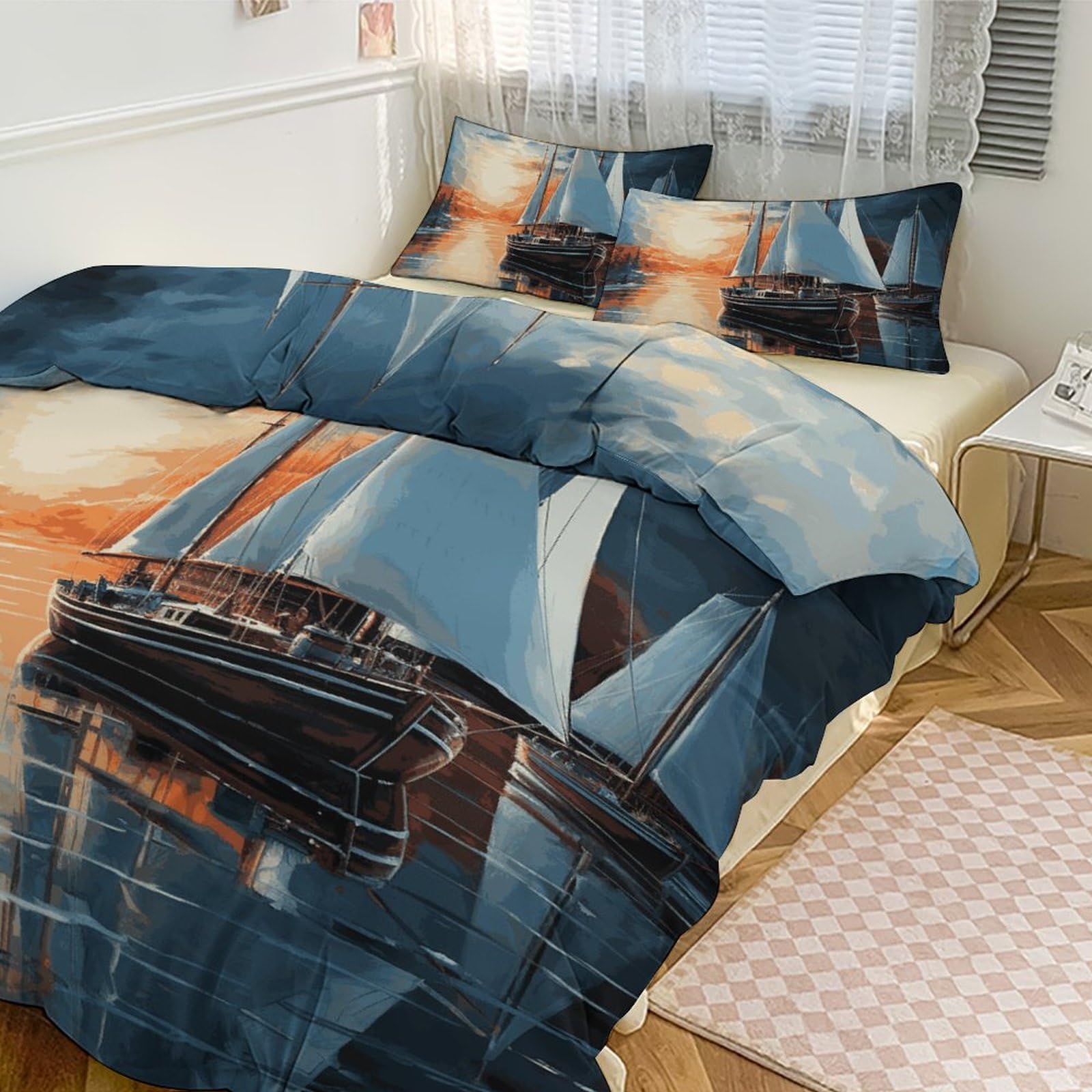 Parure de lit paysage nautique 3 pièces grande taille avec couette et taies