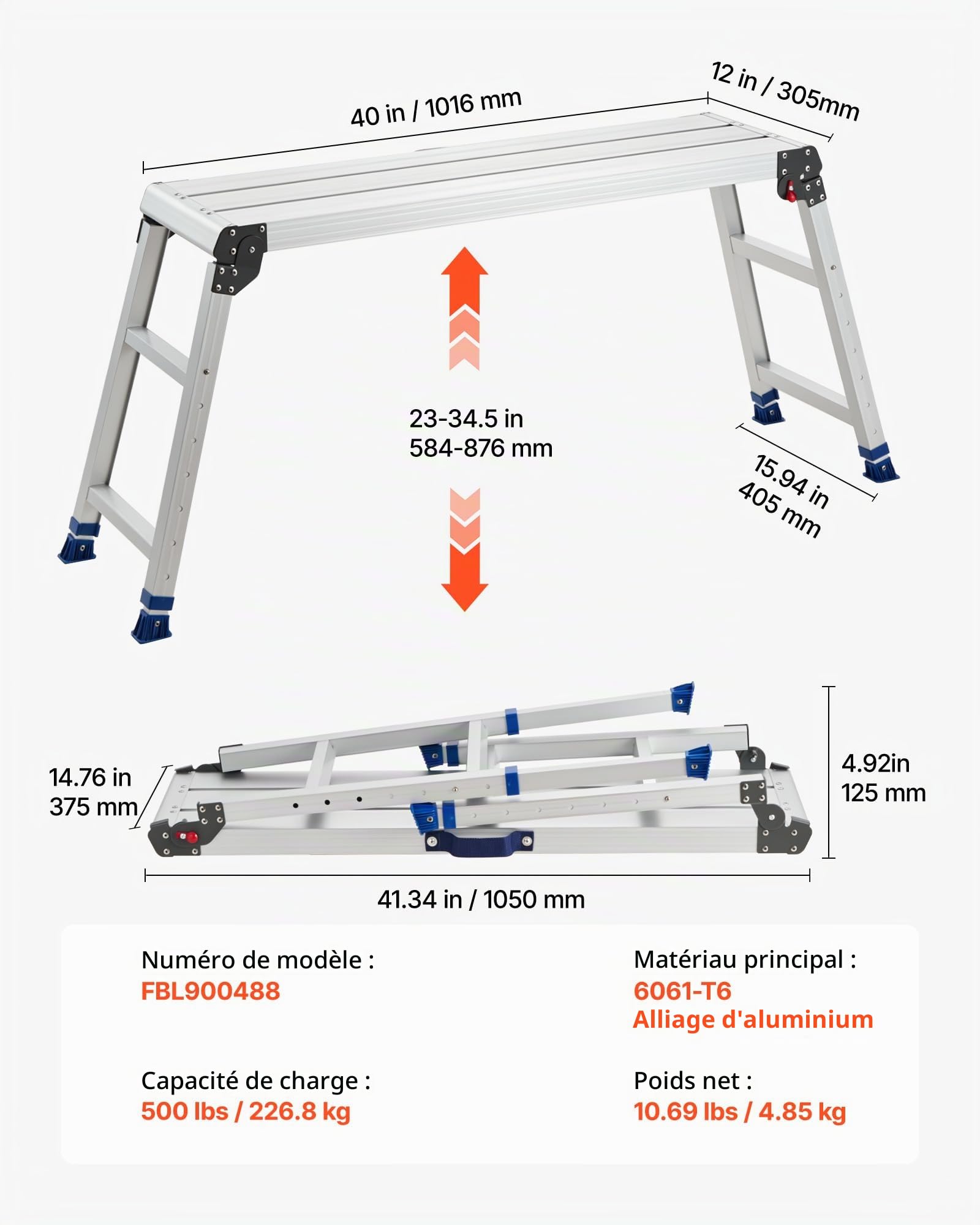 VEVOR Plateforme de Travail Pliable 1016x305 mm Hauteur Réglable 584-876 mm, Marchepied Alliage d'Aluminium, Charge Max. 226,8 kg, pour Peinture, Nettoyage, Maison, Usage Professionnel, Antidérapant