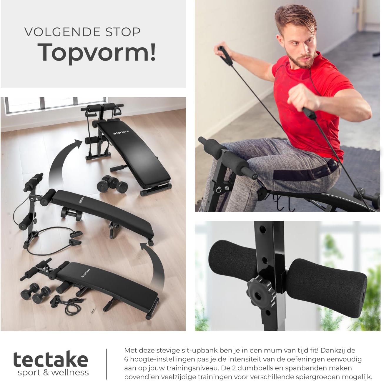 The tectake abdominal workout bench shown in its folded state for compact storage.
