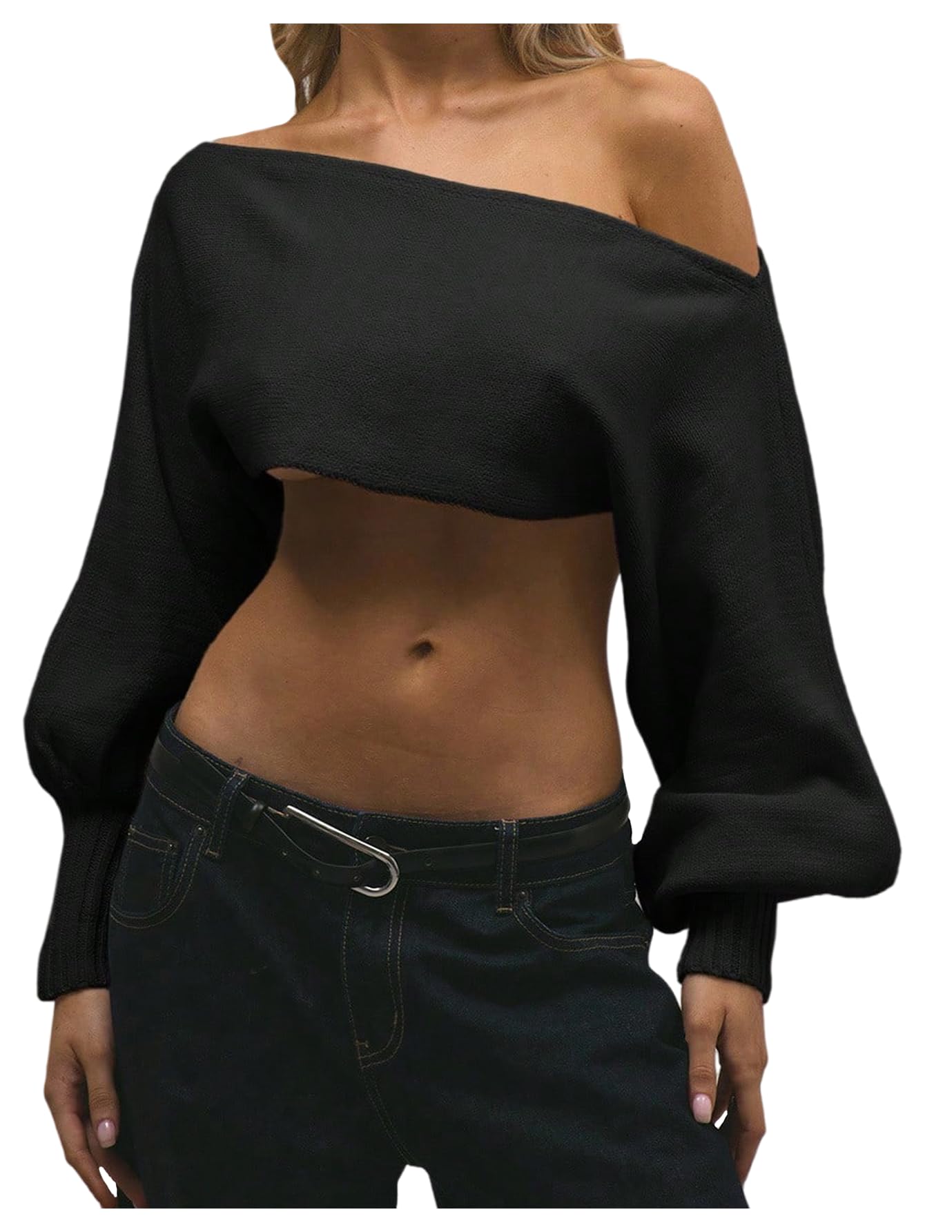 MakeMeChic Womens Cropped Sweater Shrug Off The Shoulder Sweaters Lantern Sleeve Knit Y2k Crop Tops