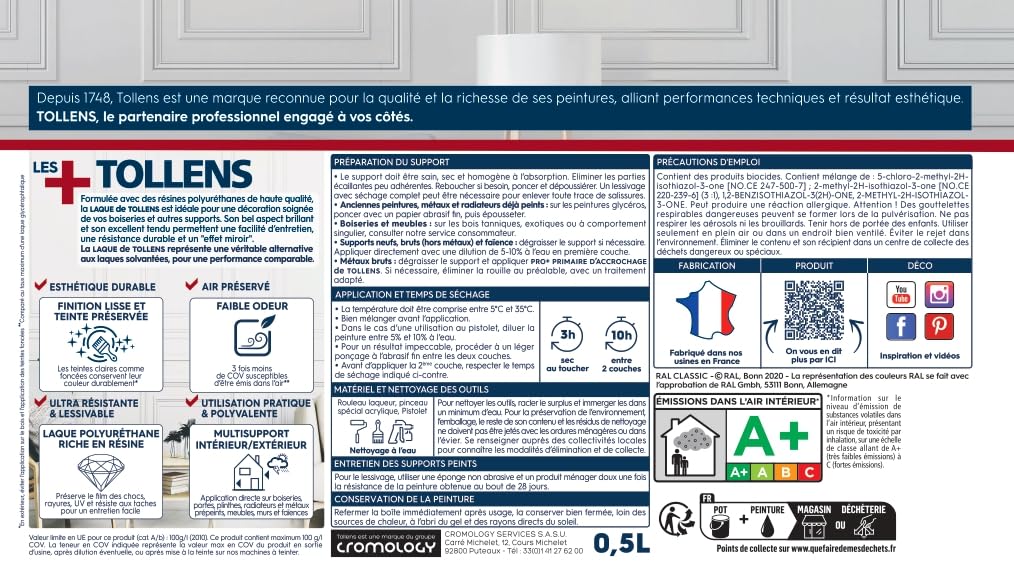Tollens - Peinture, Laque, Ultra Résistante, Multisupport, Brillant, Blanc Crème, 2L = 28m2