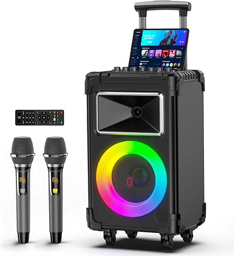 JYX Máquina de karaoke con 2 micrófonos inalámbricos, woofer de 10 pulgadas, 500 W, potencia máxima, altavoz Bluetooth portátil grande con ajuste de