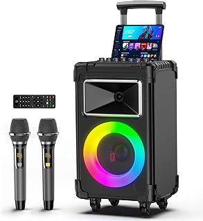 JYX Karaoke Machine with 2 Wireless Mics, 10" Woofer 500W Peak Power Big Portable Bluetooth Speaker with Bass/Treble Adjustment, PA System with Remote Control, LED Lights, Rolling Wheels and Trolley