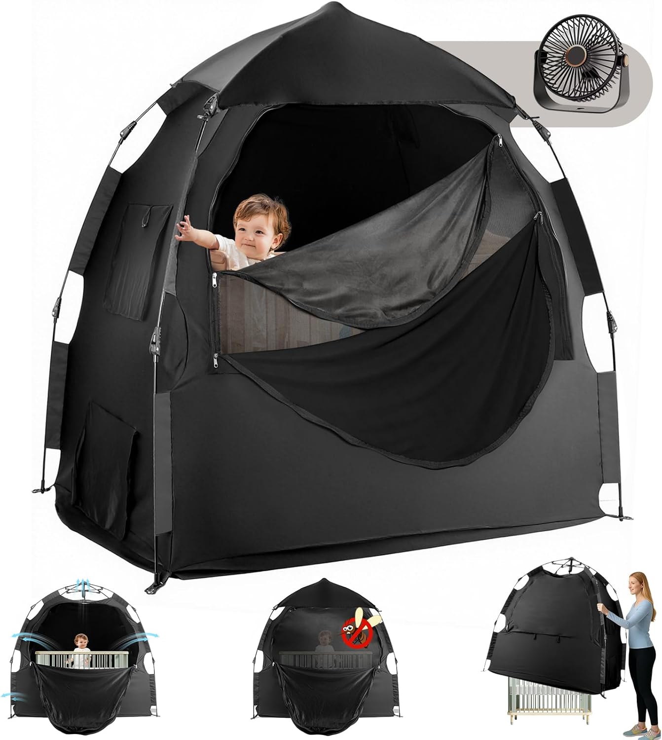 Black Out Tent for Pack and Play,Dual-Use Door Design,Light Blocking & Breathable Baby Blackout Tent,1-Click Setup,Portable Design,for Home&Travel,Included Fan,Peaceful Sleep