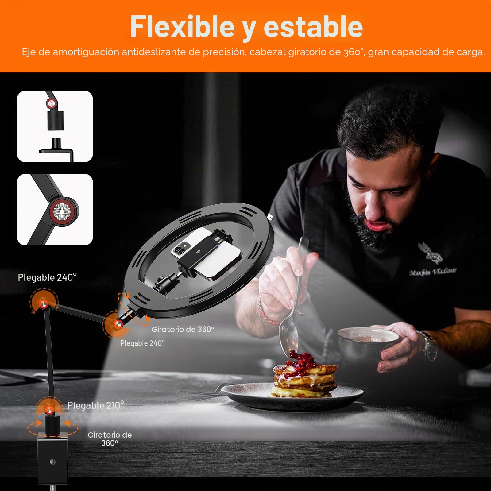 APEXEL Anillo de luz de 10 pulgadas con soporte y soporte para teléfono, luz LED USB para escritorio, trípode con brazo de escritorio ajustable para fotografía, transmisión en directo, YouTube, TikTok