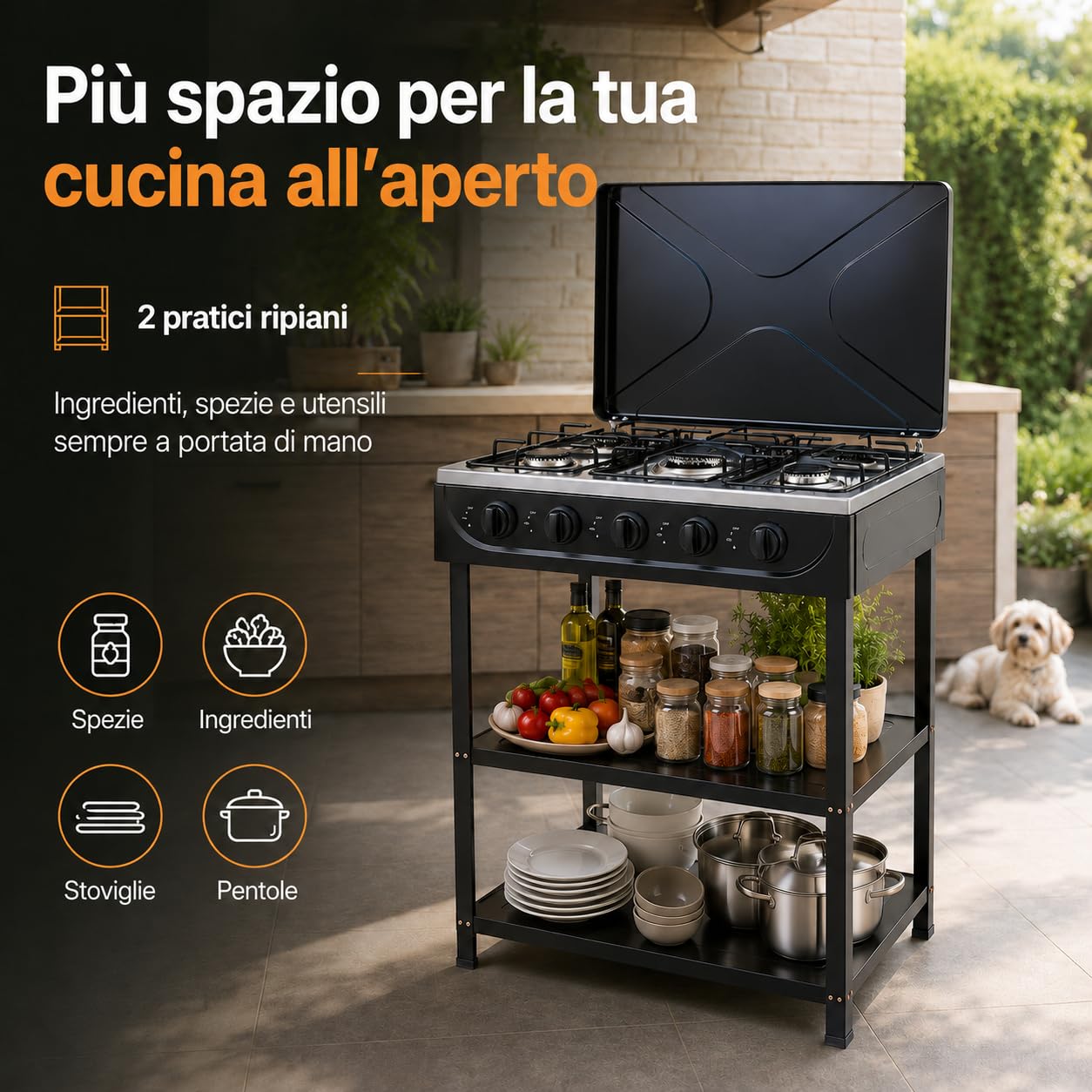 Piano cottura a gas, 5 fuochi, 2,5 kW, portatile, per campeggio e casa
