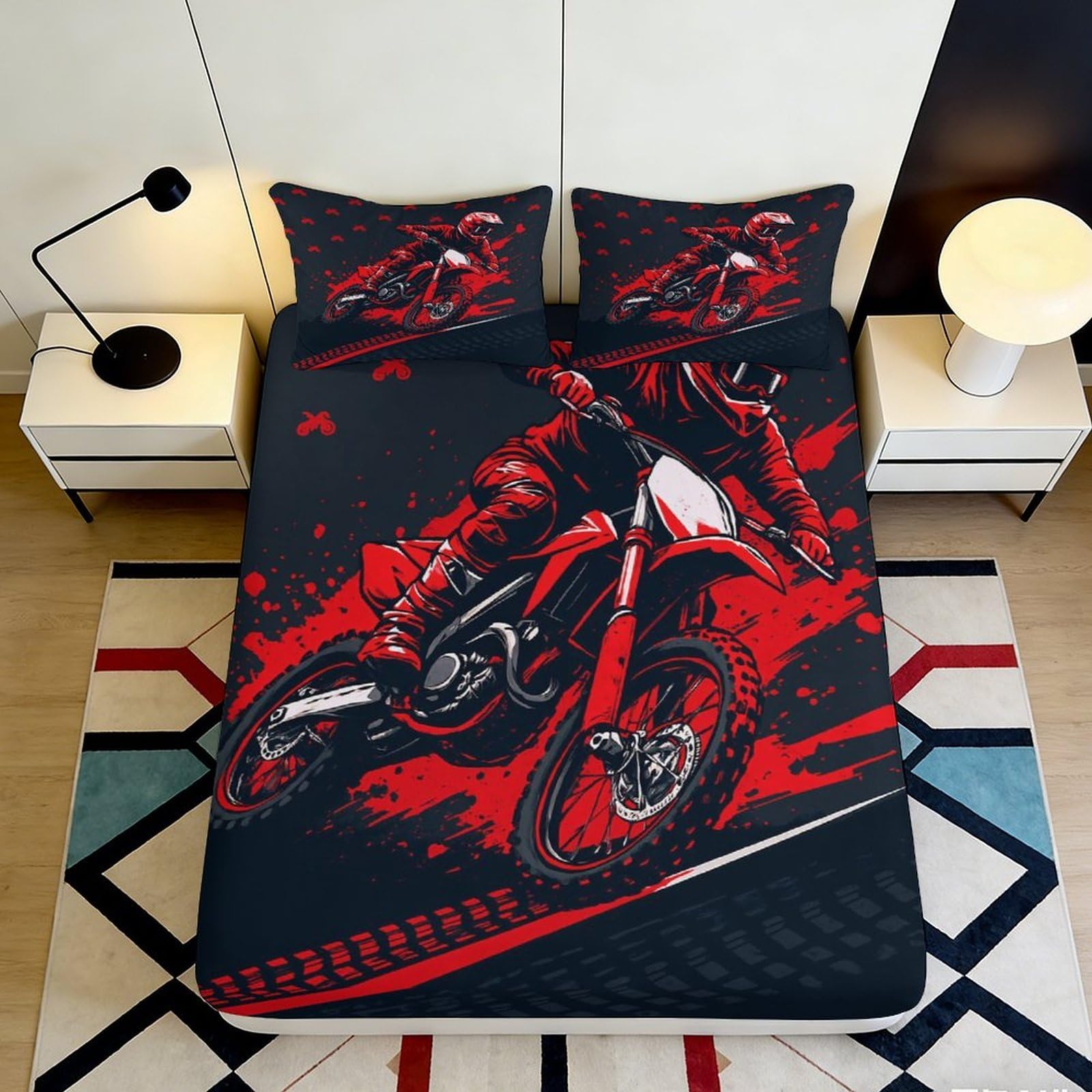 3D Printed Red Black Motocross Fitted Sheet Microfiber Breathable Dirt Bike Mattress Cover for Teen Bedroom Dormitory Mattress Protection 140x200x25cm