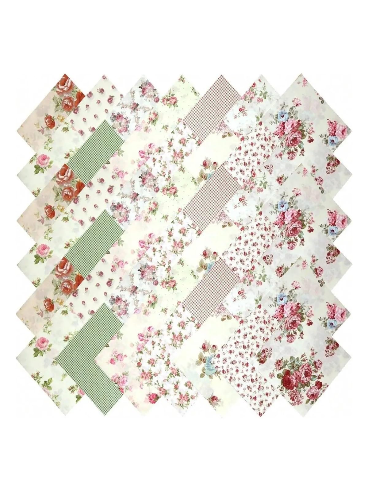 Tessuto Per Patchwork Set di 42 quadrati in tessuto patchwork da 12,7 x 12,7 cm con rose vintage e motivi a scacchi, ideali for l'artigianato fai da te.