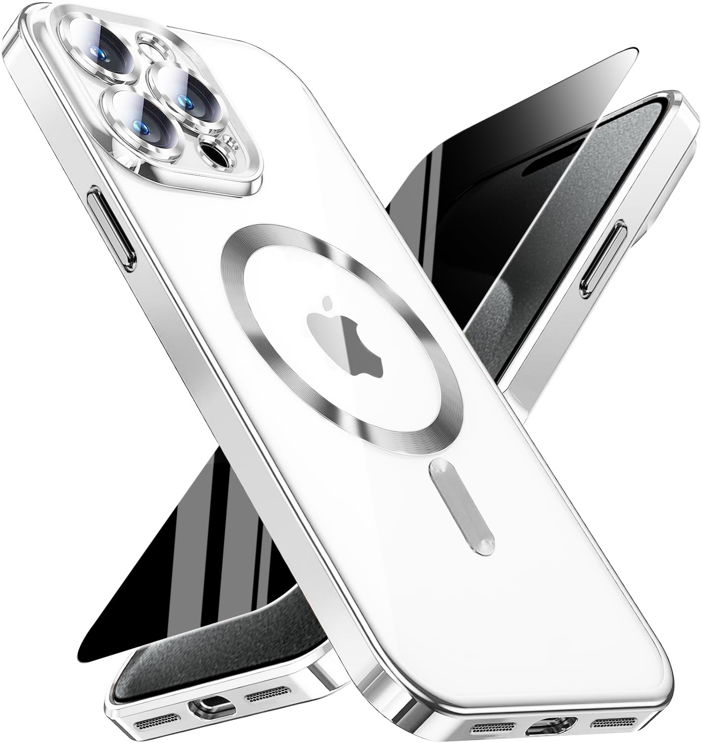 Magnetic for iPhone 15 Pro Max Case with Privacy Screen Protector &amp; Full Camera Cover,[Non-Yellowing] Plating Glossy Soft Shockproof Clear Phone Case with MagSafe Women Girls for 15 ProMax,Sliver