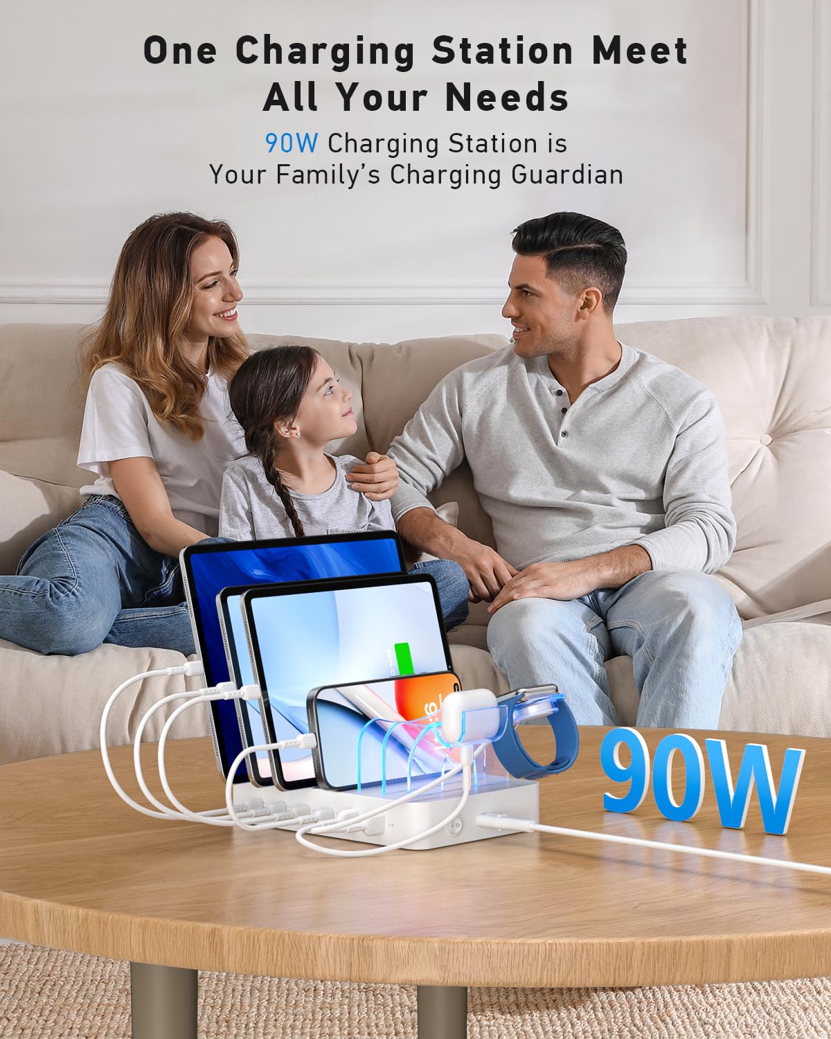 SooPii Stacja ładująca 90 W do wielu urządzeń, 6-portowa Multi USB C stacja ładująca z 6 mieszanymi krótkimi kablami, stacja ładująca PD 20 W do telefonów LPhone, Galaxy, iPad, tabletów i innych
