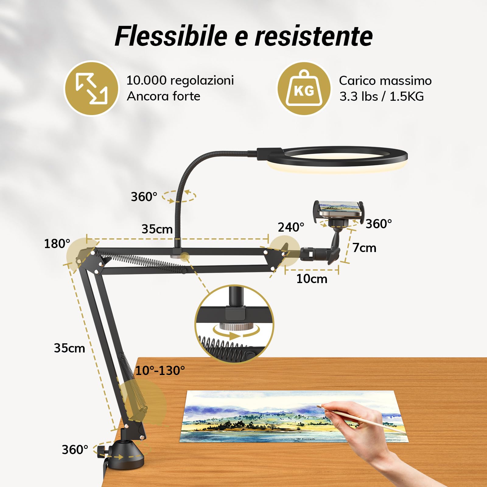 Kit luce anulare TONOR, luce anulare da 10" con braccio Heayy Duty e supporto per telefono, angolo regolabile, adatta per registrazione video, streaming live, disegno, trucco per unghie