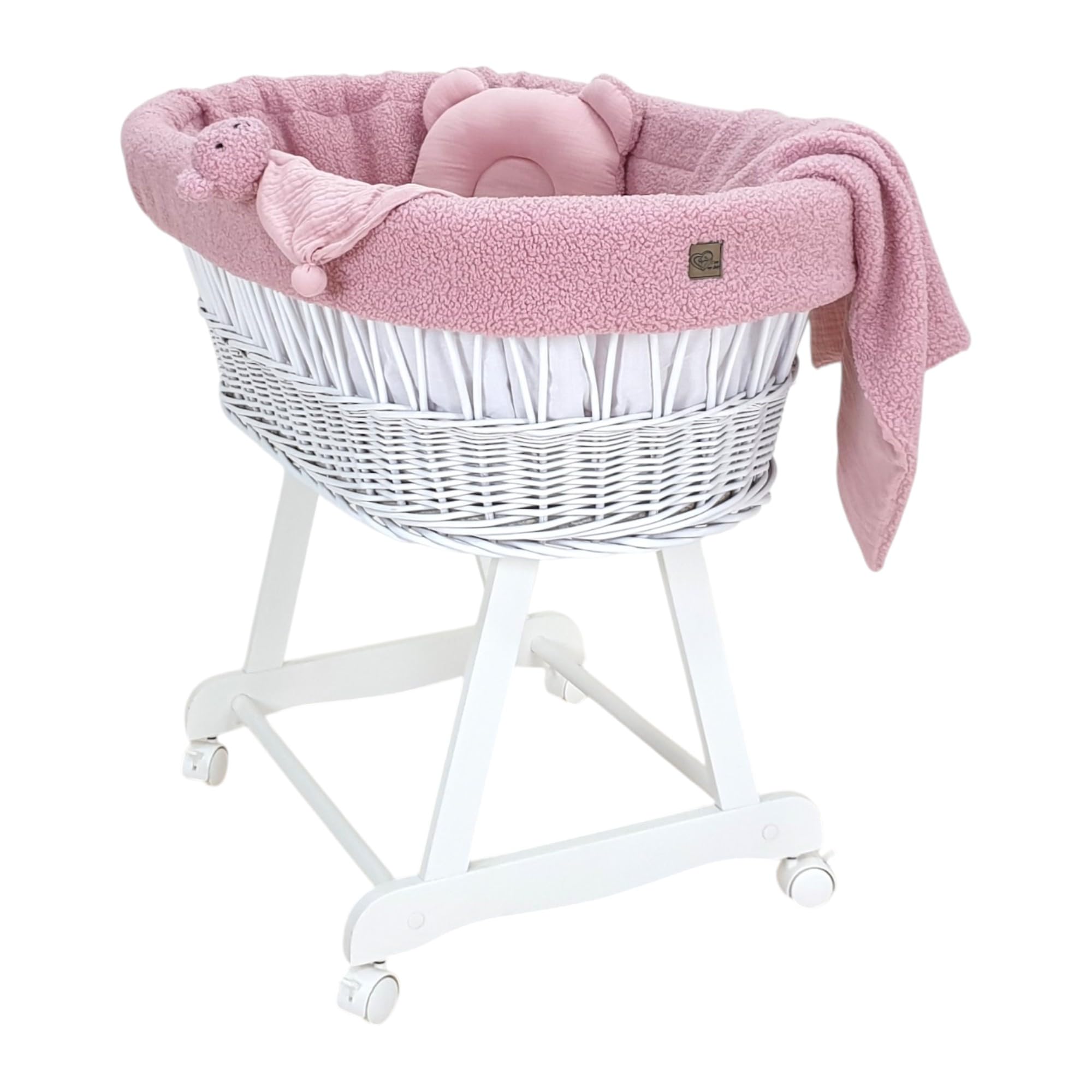 Amelia łóżeczko dziecięce – ręcznie tkany Mojżesz z materacem i materacem – 5-częściowy zestaw pościeli Teddy w kolorze różowym – przenośny wózek na kółkach – idealny dla noworodków