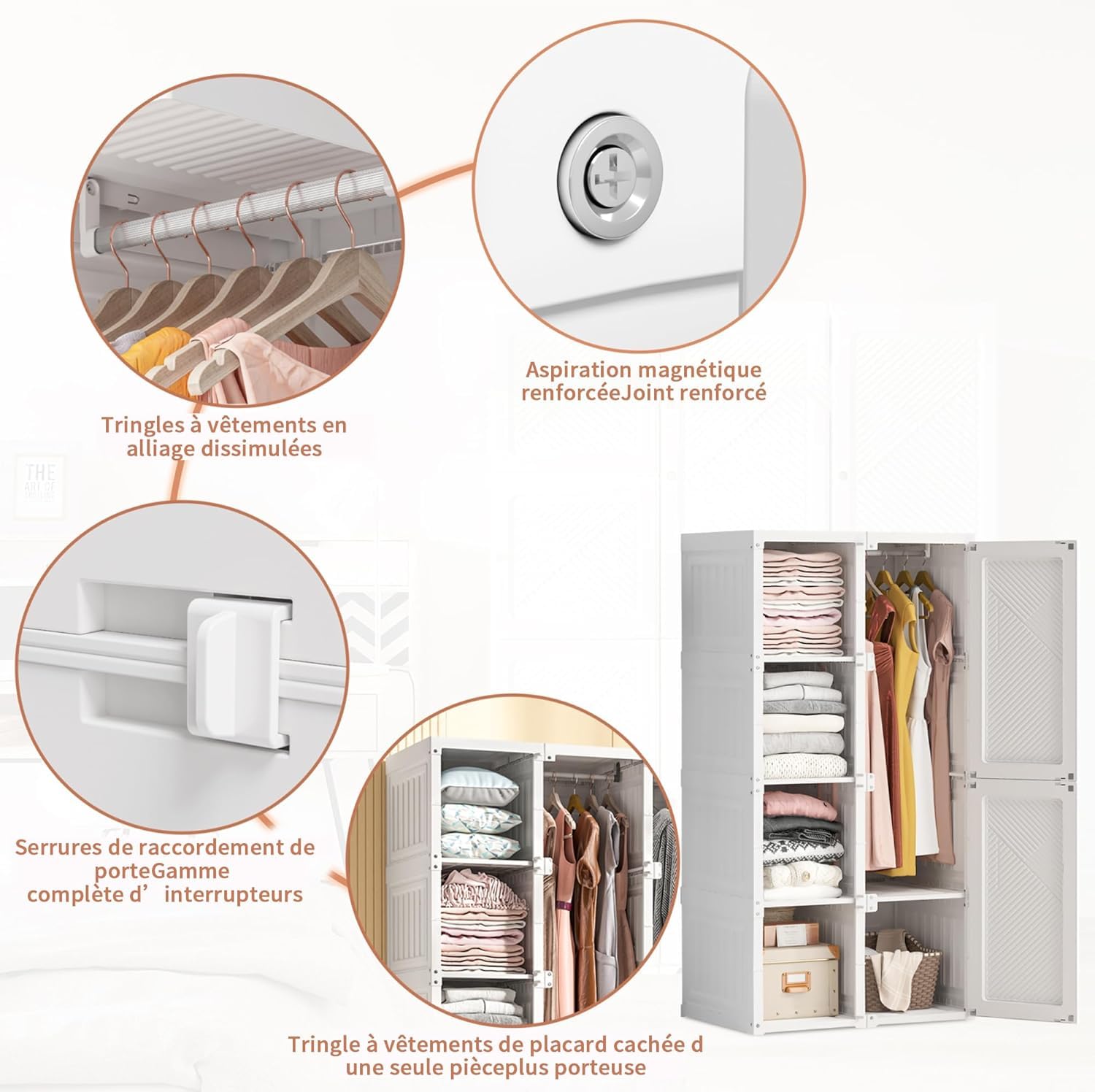 LONELYO Armoire de Rangement,Armoire Pliable, avec Portes,Penderie Portable avec Barre de Suspension, Chambre, Vestiaire, Salle d’étude,Blanc (Armoire Blanche 5×6+1)
