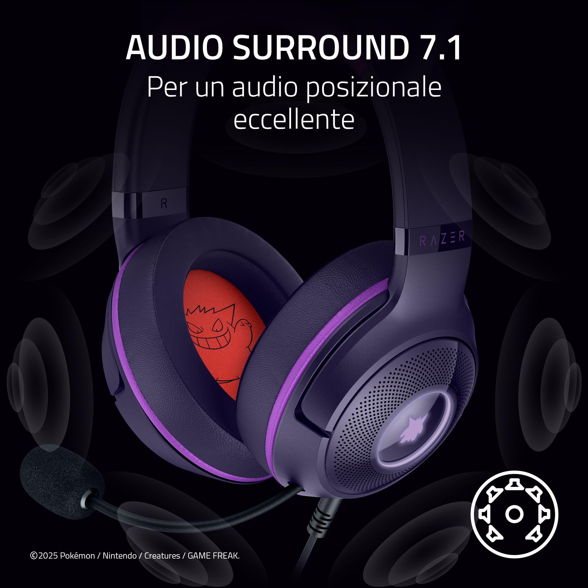 Razer Kraken Kitty V2 - Edizione Pokémon Gengar - Cuffie USB - Spuntoni di Gengar - illuminazione reattiva allo stream - micro cardioide HyperClear - driver TriForce 40mm - audio surround 7.1 | Viola
